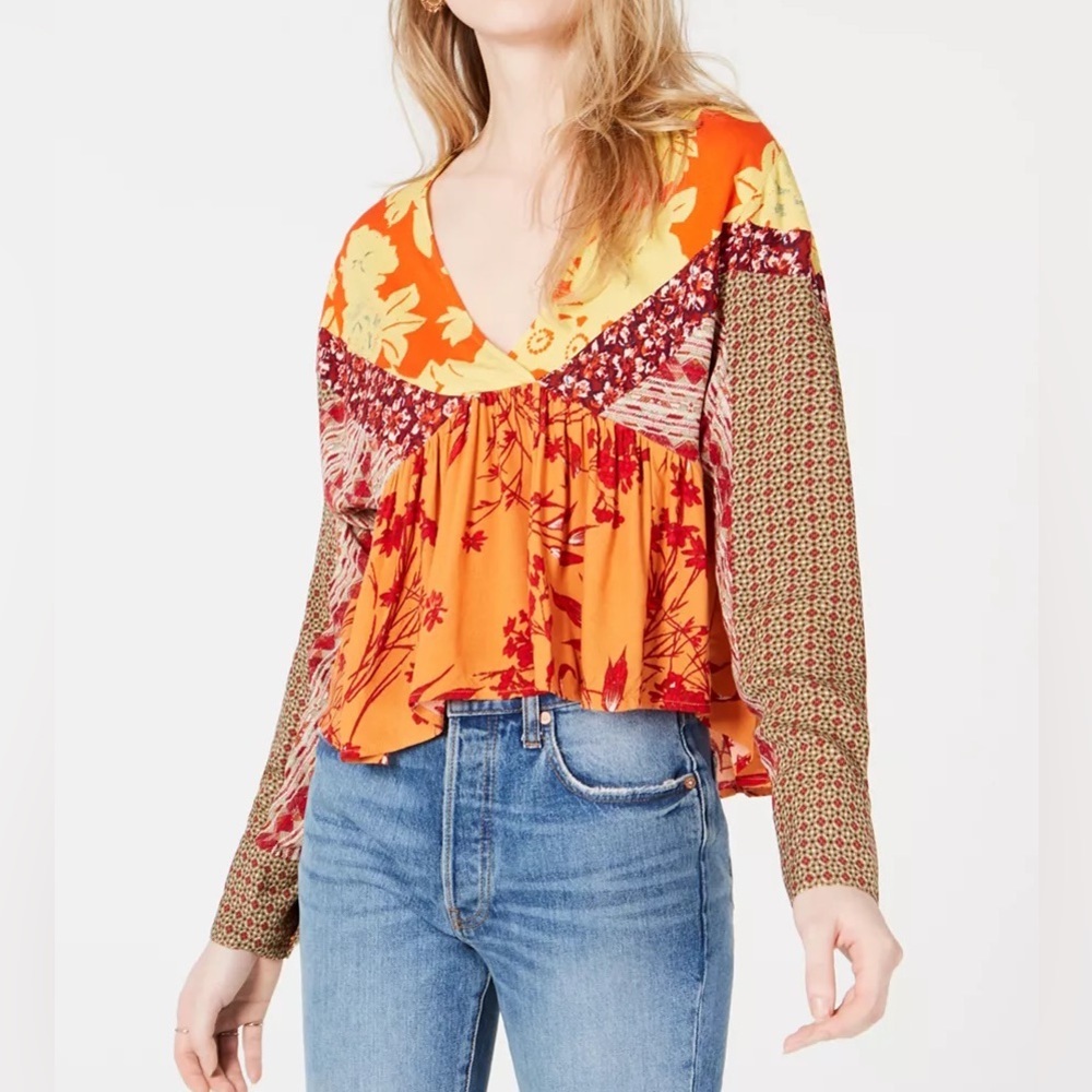 Free People ALOHA STATE OF MIND PATCHWORK V-Neck BOHO Blouse SIZE SP